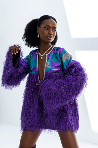 Kazin Purple Long Sleeve Tunic Feather Dress with Rhinestone