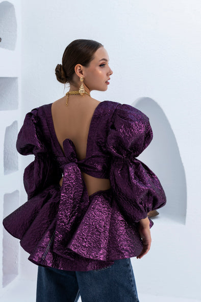 Bellona Backless Peplum Top with Puff Sleeves in Dark Purple