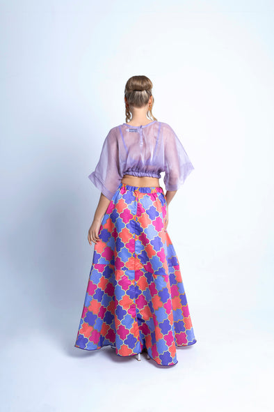 Swann Two Piece Organza Crop Top and Printed Full Skirt Set