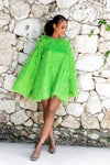 Tunic style dress, lime green, bell long sleeves, round neck with rhinestone detailing, feather dress 