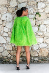 Kiraly Green Round Neck Long Sleeve Tunic Feather Dress with Rhinestone Neckline