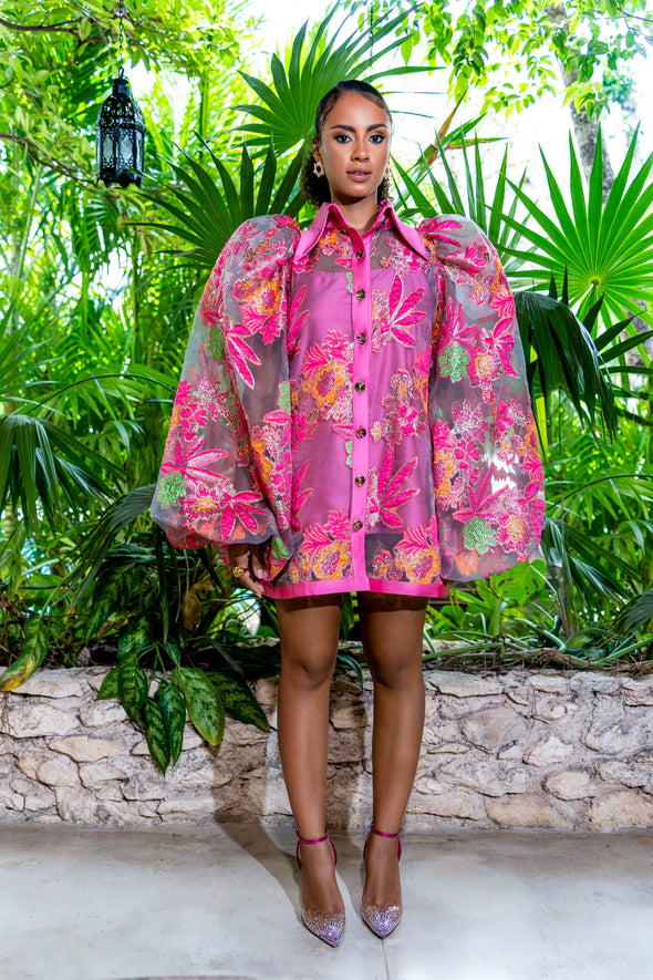 Oversized sleeves, button down, sheer outer dress with pink inner sleeves