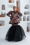York Peplum High Neck Top With Sheer Sweetheart Neckline in Black Multi-Color