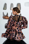 York Peplum High Neck Top With Sheer Sweetheart Neckline in Black Multi-Color