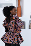 York Peplum High Neck Top With Sheer Sweetheart Neckline in Black Multi-Color