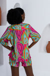 Light Short Sleeve Tunic Shirt and Short Set in Pink and Green Silk