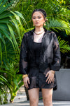Sheer shirt, geometric pattern, black, long sleeve 