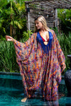 chiffon kaftan, fringe beaded embellishment, front slit, low v neck line, beach wear, cover up 