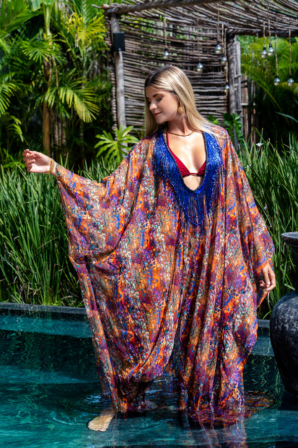 chiffon kaftan, fringe beaded embellishment, front slit, low v neck line, beach wear, cover up 